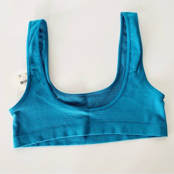 NEW ANTHROPOLOGIE. Blue Aqua Turquoise Ribbed Scoop Seamless Bralette Bra Tank M - Picture 1 of 6